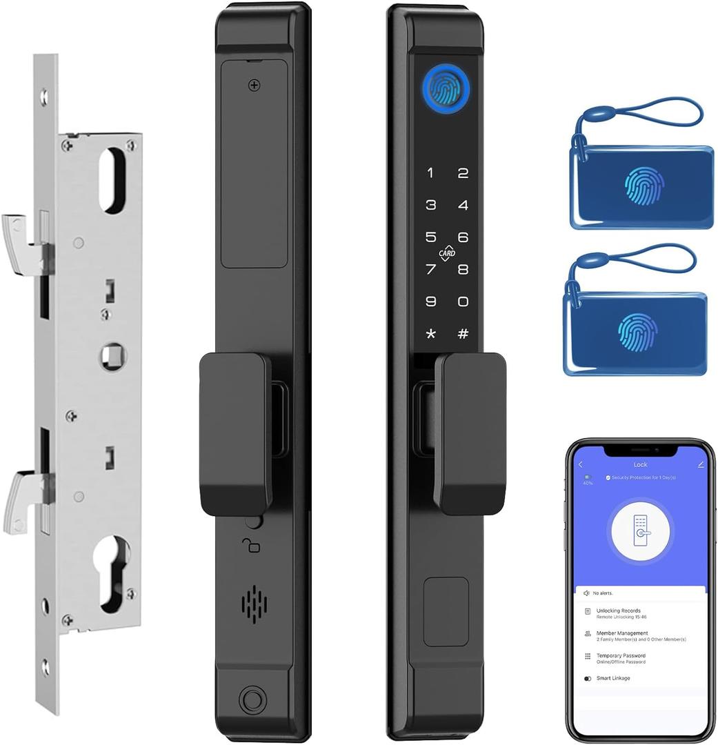 Sliding Glass Door eLinkSmart Slim Smart Lock Waterproof Keyless Mortise Lock with Hook, fit Thickness 22~110mm, Aluminum Keypad Fingerprint Lock Patio Door Lock with Tuya