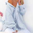 Women's Striped Button Down Shirts Long Sleeve Smocked Cuffed Oversized Boyfriend Blouses Collared Work No Pockets Tops (Blue)