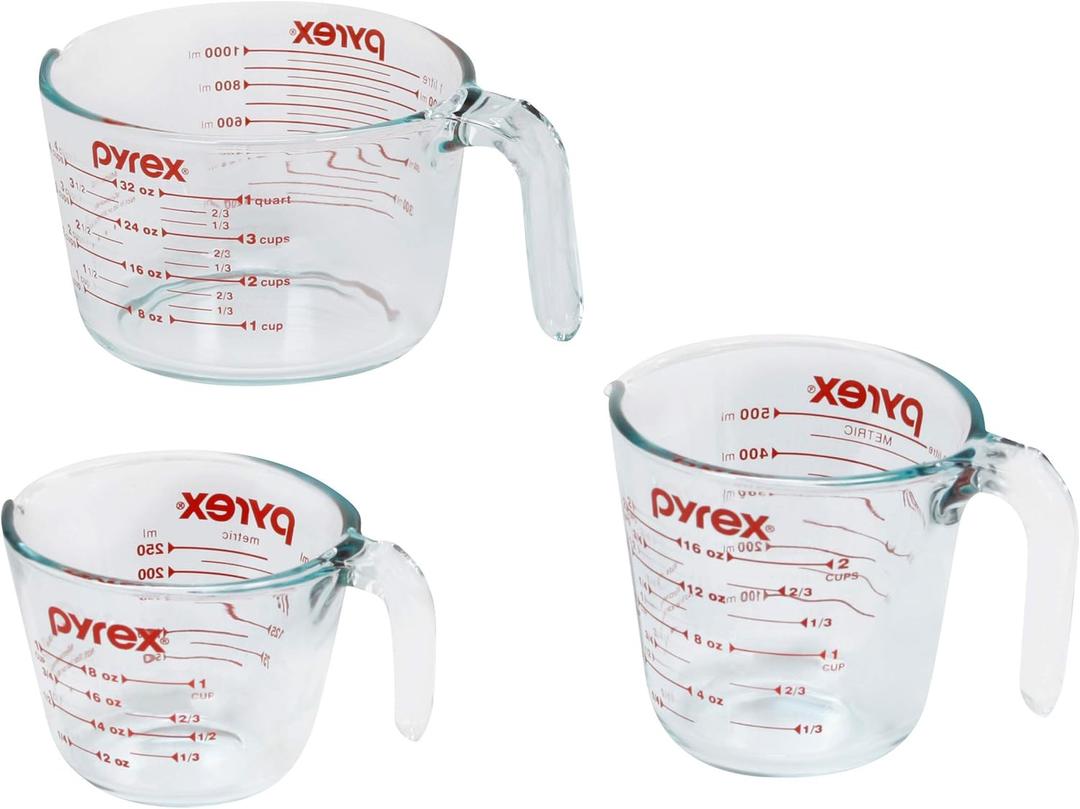 Pyrex Essentials (Pack of 3) Glass Measuring Cups Set, (1, 2 & 4 Cup) Measuring Cups For Prepping, Baking and Cooking, Preheated Oven, Dishwasher, Freezer, and Microwave Safe