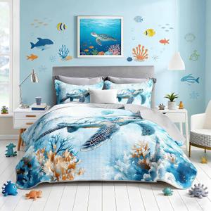 UEVBF Coastal Bedding Quilt Sets King Size,Summer Blue Sea Turtles Jellyfish Nautical Bedding Quilt with 2 Pillowcases,Beach Themed Soft Lightweight Quilted Set.