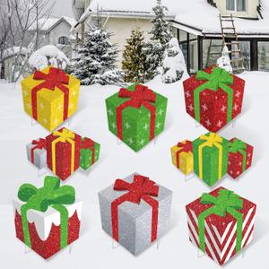 Queekay 8 Pieces Christmas Yard Signs Glitter Gift Box Outdoor Lawn Decorations with 16 Stakes Funny Holiday Present Box Yard Decorations for Christmas Home Lawn Party Supplies