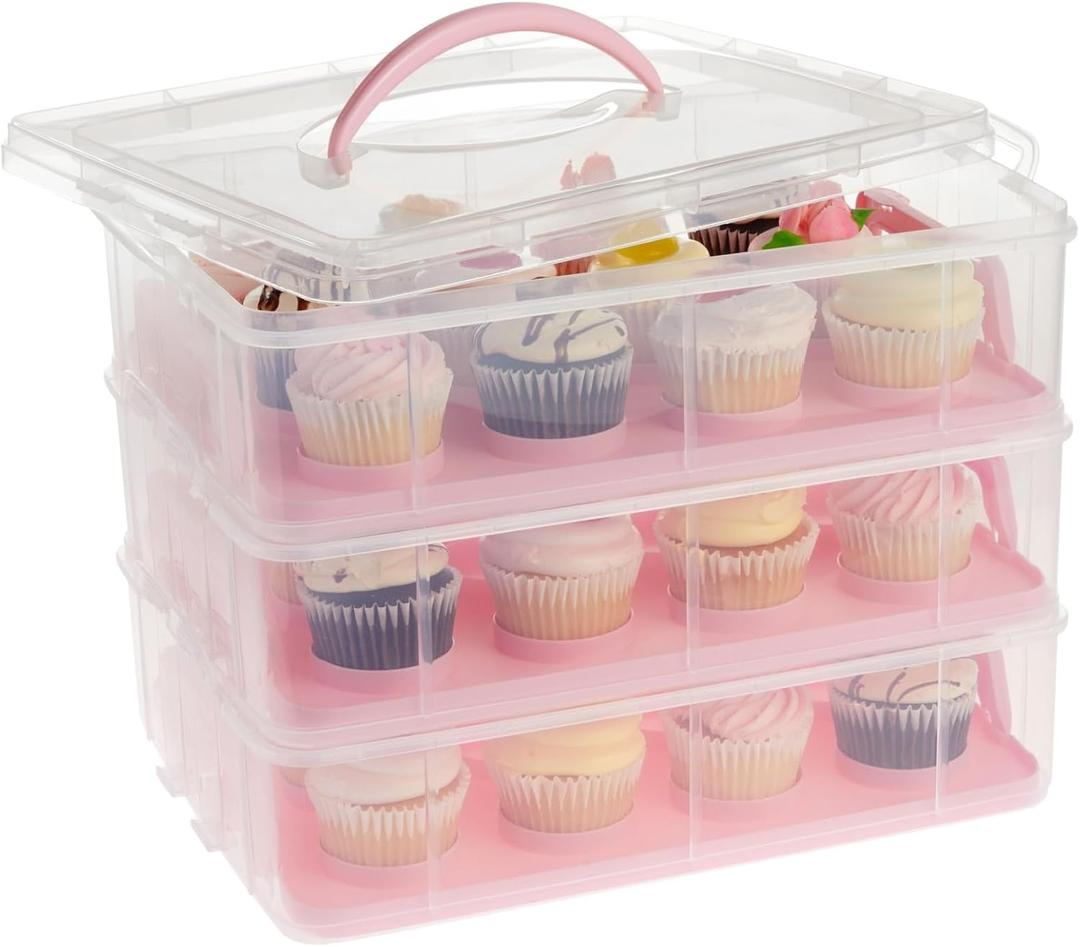 Juvale 3 Tier Cupcake Carrier with Lid and Handle, Holds 36 Cupcakes (Pink, 13.5 x 10.25 x 10.75 In)