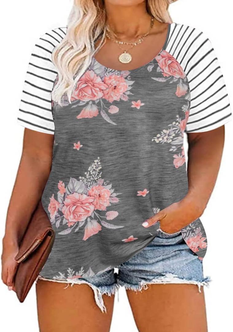 CARCOS Plus Size Tops for Women Short Sleeve Raglan Striped Tee Color Block Crewneck/V Neck Tunic Loose Fit Summer XL-5XL (XX-Large, A9s-grey)