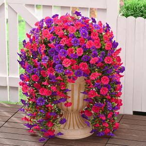 Dolicer 8 Pack Look Real Artificial Flowers for Outdoors, Fake Artificial Hanging Flowers for Outdoors Realistic UV Resistant Hanging Flowers Silk Petunia Faux Flowers for Porch Patio(Purple+Rose Red)