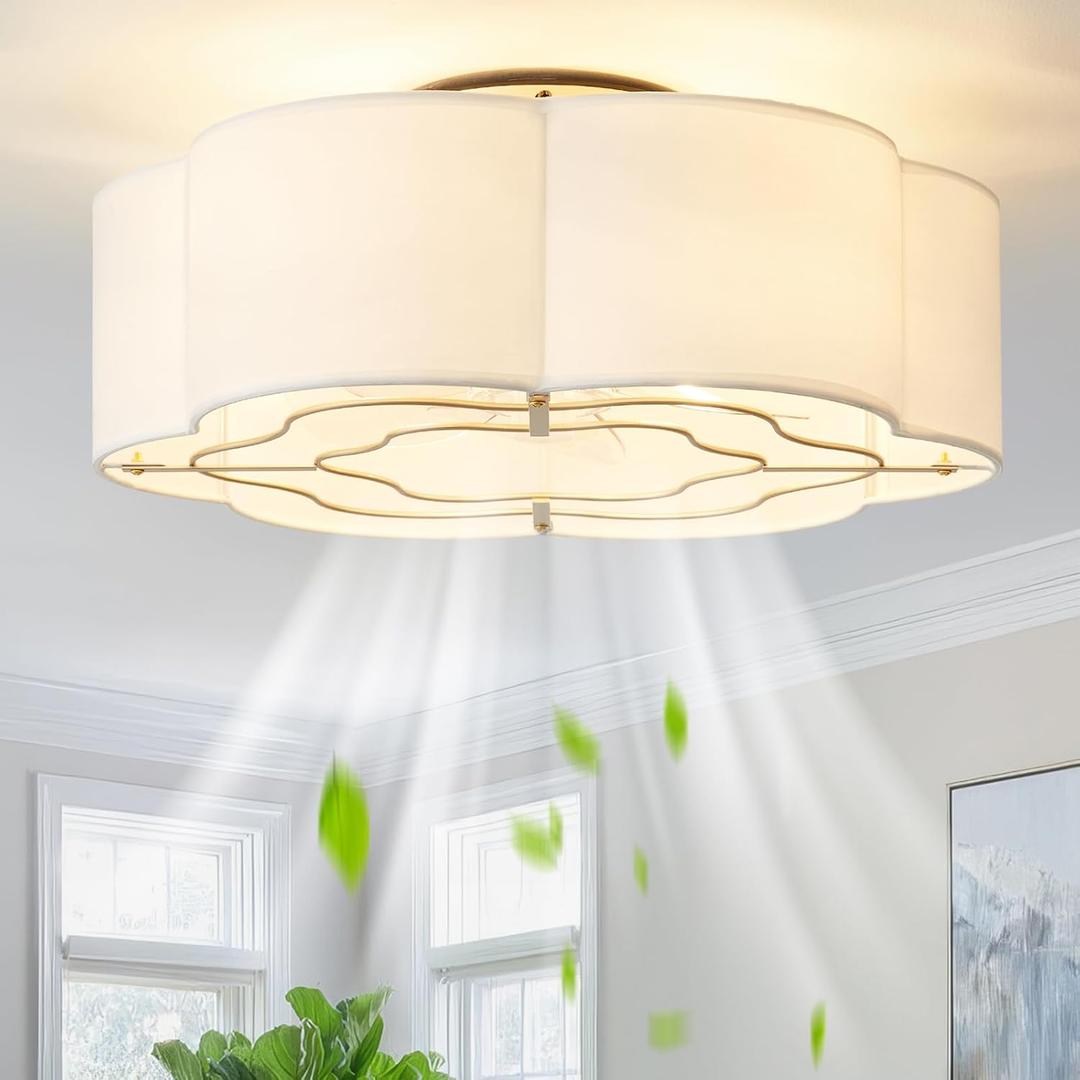 Glmthux Caged Ceiling Fan with Lights, Flush Mount 20" Boho Ceiling Fans with Lights Remote Control, Low Profile Fabric Bladeless with 6 Speeds for Bedroom, Nursery, Kitchen (White)