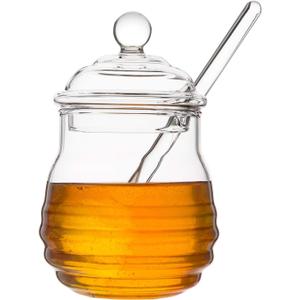 Mkono Honey Dispenser Glass Honey Jar with Dipper and Lid Honey Pot Container for Home Kitchen Storing Honey and Syrup, 9 Ounce