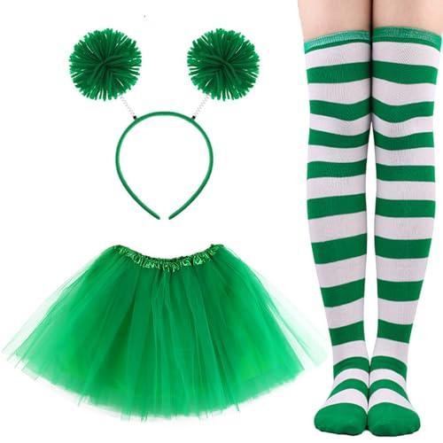 BAOPLAYKIDS 3 Piece Tulle Tutu Costume Set Green and White Striped Socks Knee High, 3 Layered Tulle Tutu Skirt Green, Pom Pom Headband, St Patricks Day Accessories for Women (Adult)
