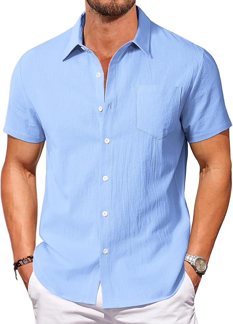 Vssjavun Mens Short Sleeve Button Down Shirts Casual Cotton Shirt Summer Beach Shirts (Blue, XXL)