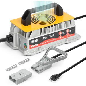 CMTOOL 24V 30A Forklift Battery Charger, 1250W Smart 7-Stage Trickle Charger, IP67 Waterproof, Fully Automatic for Lead-Acid Batteries (Pallet Jack/Floor Scrubber/Golf Cart)