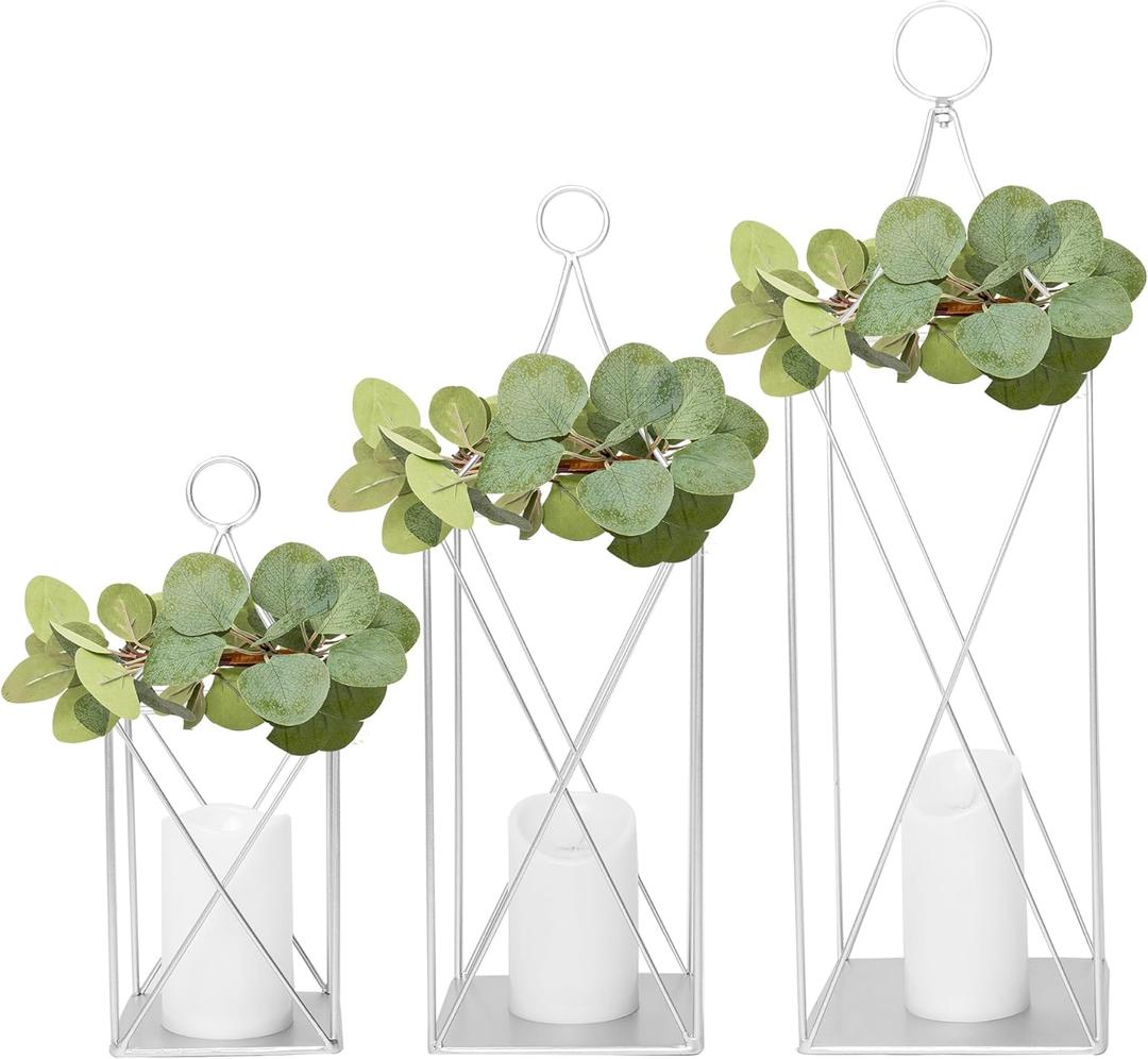 HPC DECOR Tall Metal Lantern Decor Set of 3-24"19"13" Elegant Decorative Lanterns With Garlands-Modern Silver Candle Lanterns for Garden Porch Decor,Indoor/Outdoor for Wedding Dcor,Party,Home Decor.