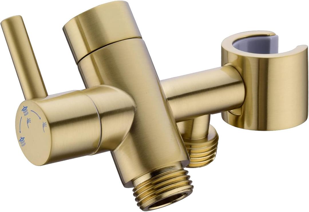 Brushed Gold Shower Arm Diverter with Hand Shower Mount, G1/2 Brass Shower Diverter Valve Bathroom Universal Shower System Replacement for Handheld Shower and Fixed Shower Head