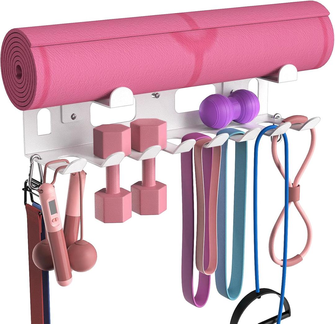 KHAMAL Multi-Purpose Gym Equipment Storage Rack For Resistance Bands - Gym Wall Storage For Exercise Bands, Yoga mat, Jump Ropes, Weight Belts, Straps, Hula Hoop (White)