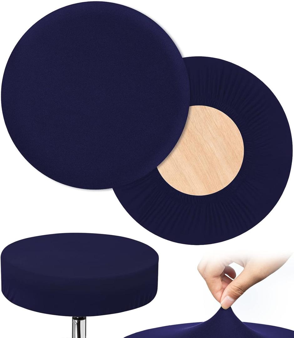 Bar Stool Covers Round, 2 Pcs Stool Slipcovers High Elastic, Circle Chair Covers, Soft & Easy to Clean Chair Seat Cushion Slipcover Fit for Stool of Dia 14-17 Inch , Navy Blue