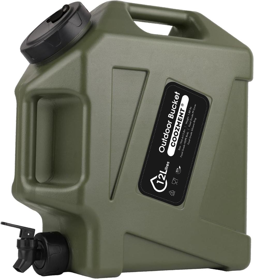 COOZMENT 3.2 Gallon/5 Gallon Water Containers with Spigot, BPA Free Water Jug, Military Green Water Tank, Multifunction Water Storage Containers for Camping Outdoor Hiking,Emergency Stroage
