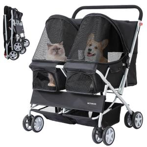 Double Pet Stroller for 2 Small Dogs & Cats, Side-by-Side Twin Travel Carriage with Safety Leashes, Mesh Windows & Double Storage Baskets, Lightweight & Foldable, 44lbs Capacity, Black