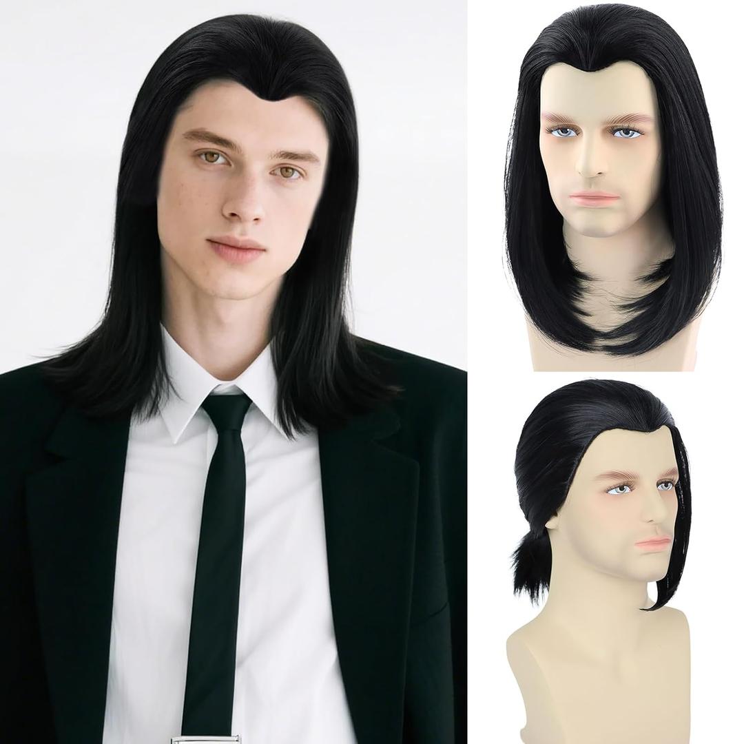 Black Mens Wig Tie Into Ponytail Vincent Vega Costume Funny Wig For Halloween Cosplay Party Use