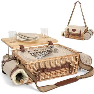 Multifunctional Wicker Picnic Basket Set for 2 with Blanket and Picnic Table, Insulated Picnic Set with Full Tablewares for Camping Outdoor Couples,Natural