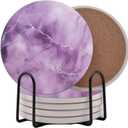Purple Agate Marble Round Coasters Set of 6 - Abosrbent Ceramic Coasters with Metal Stand for Drinks, Coffee, Non-Slip Cork Back for Tabletop Protection, 4 Inches Marbled Pattern (Marble)