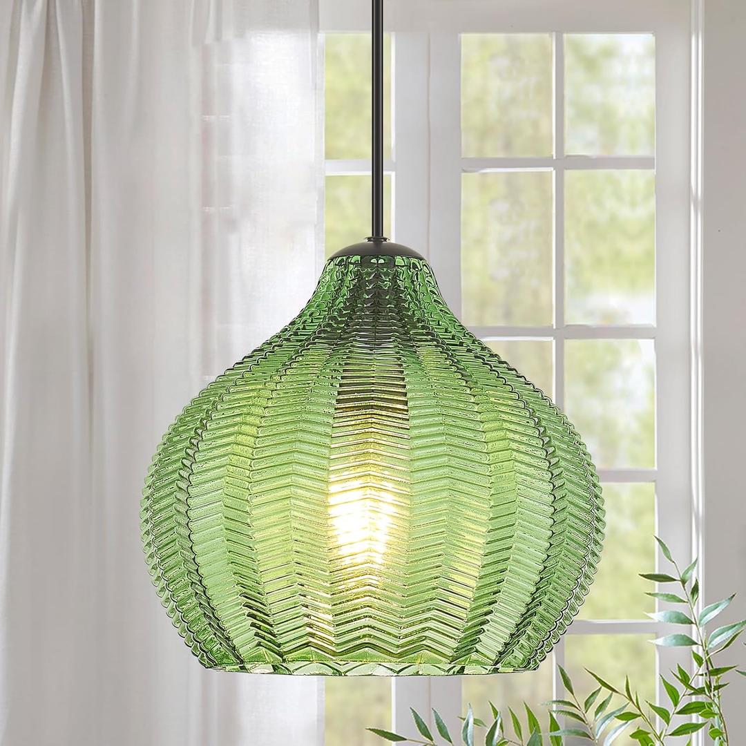 VILUXY Vintage Pendant Lights Glass Green Hanging Light Fixture for Dining Room 1-Light Globe Pendant Lighting Hand-Blown Glass Ceiling Light Adjustable for Kitchen Island Bedroom Hallway