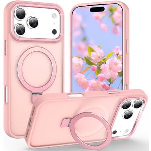 Magnetic for iPhone 17 Pro Case with Ring Stand, [10 FT Drop Protection] [Velvety Touch] Slim Translucent Matte Back Shockproof Phone Case for iPhone 17 Pro 6.3'', Pink
