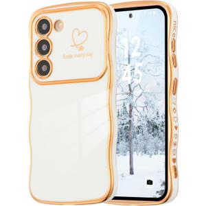 DEFBSC Case for Samsung Galaxy S22 Case, Curly Wave Shape Plating Frame Cute Love Heart Cover for Girls Women, Full Camera Lens Protection Soft Durable TPU Shockproof Bumper, White