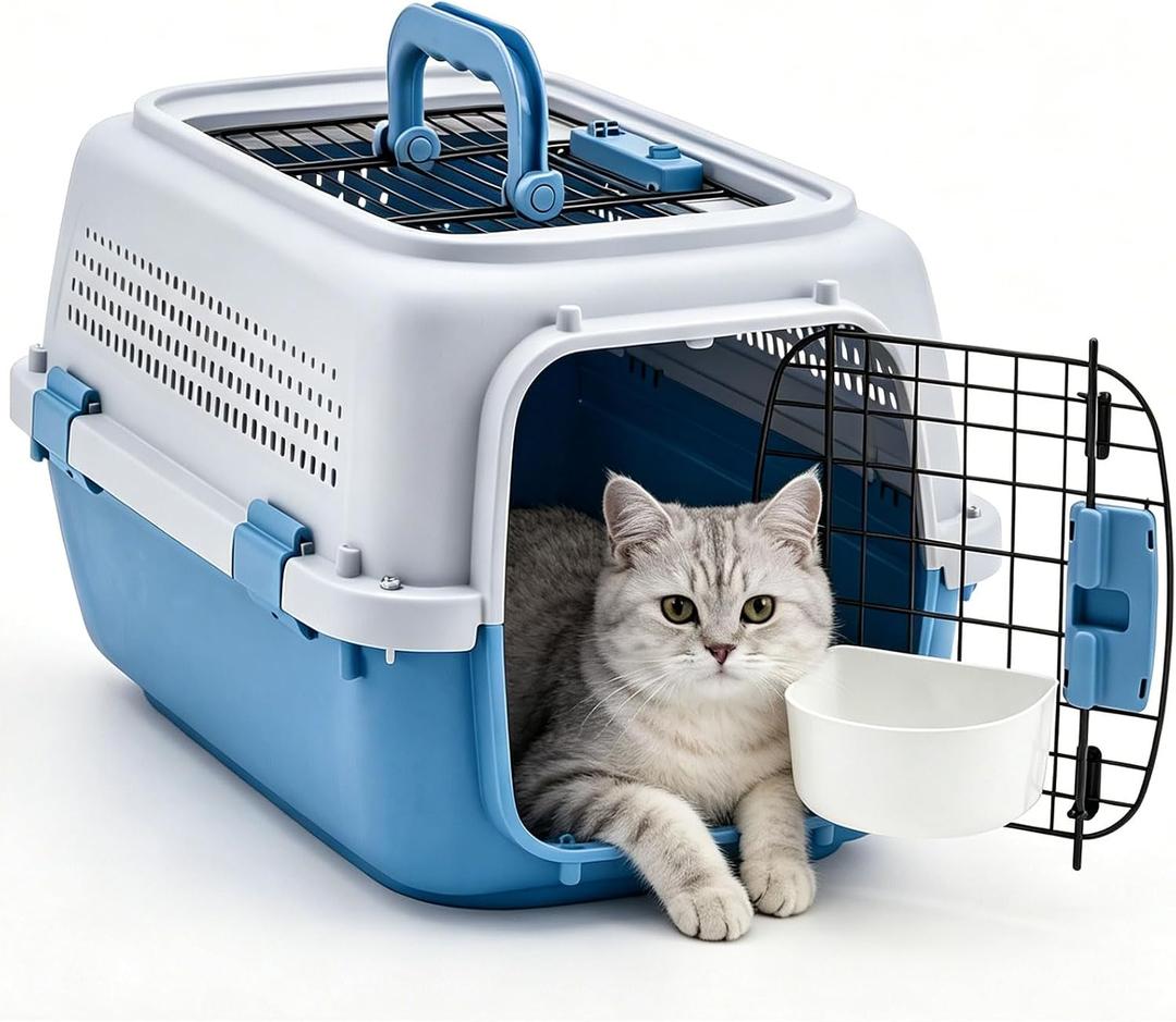 NEWBULIG 23" Hard-Sided Dog Carrier for Small Dogs & Cats, Blue | Plastic Dog Crate, Up to 22 lbs, 4-Sided Ventilation, Top & Front Door Access, Metal Wire Door, Integrated Food Bowl