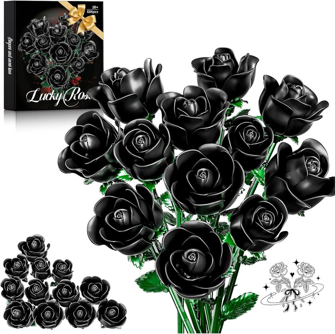 Black Rose Bouquet Building Set for Girls & Boys - 12 Pack Botanical Collection Gift for Easter Basket Artificial Flowers Botanical Collection Centerpiece Retro Decor