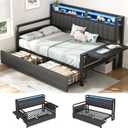 Jocoevol Twin Corner Bed Frame with Storage Drawers and LED Light, Heavy Duty Metal Daybed with Upholstered Storage Headboard & Charging Station, Twin Size Day Bed for Kids Teens Guests, Black