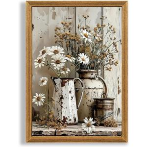 FWAHREN Modern Farmhouse Daisy Wildflower Framed Canvas Wall Art, Vintage Rustic Floral Pictures Paintings Artwork Wall Decor for Living Room Bedroom Bathroom Kitchen Home Office Decoration, 16x24in