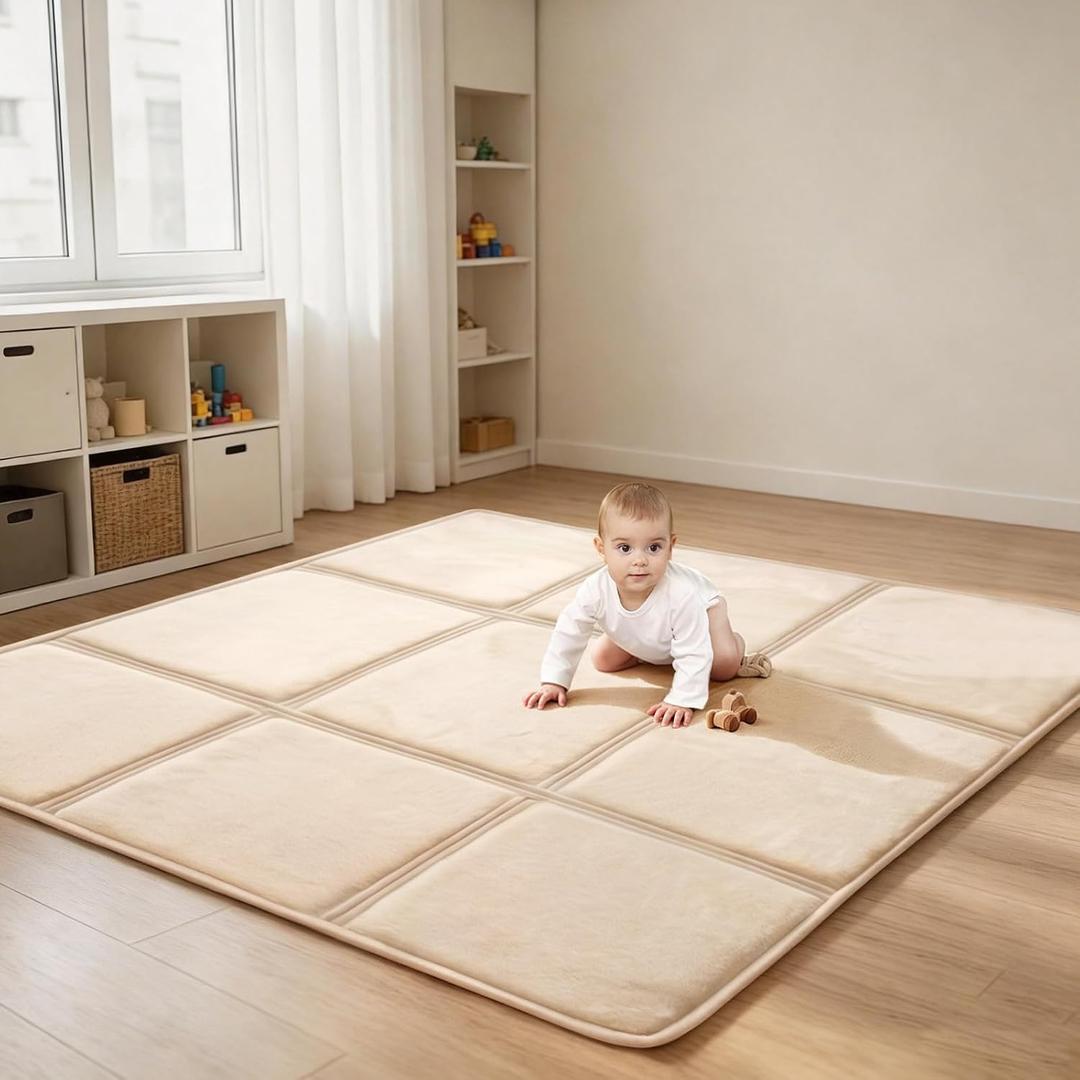 Goyuu Foldable Baby Play Mat for Floor, 50x50 Playpen Mat, Soft Velvet Baby Play Mat 0.8" Baby Foldable Crawling Mat Tummy Time Mat, Non-Slip Play Mat Portable for Babies & Toddlers,Beige