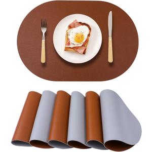 Waterproof Placemats Set of 6 Oval,Reversible Faux Leather Placemat Heat Resistant,Anti Slip Washable Table Placemats for Dining Table,Modern Table Protectors(Brown and Grey)