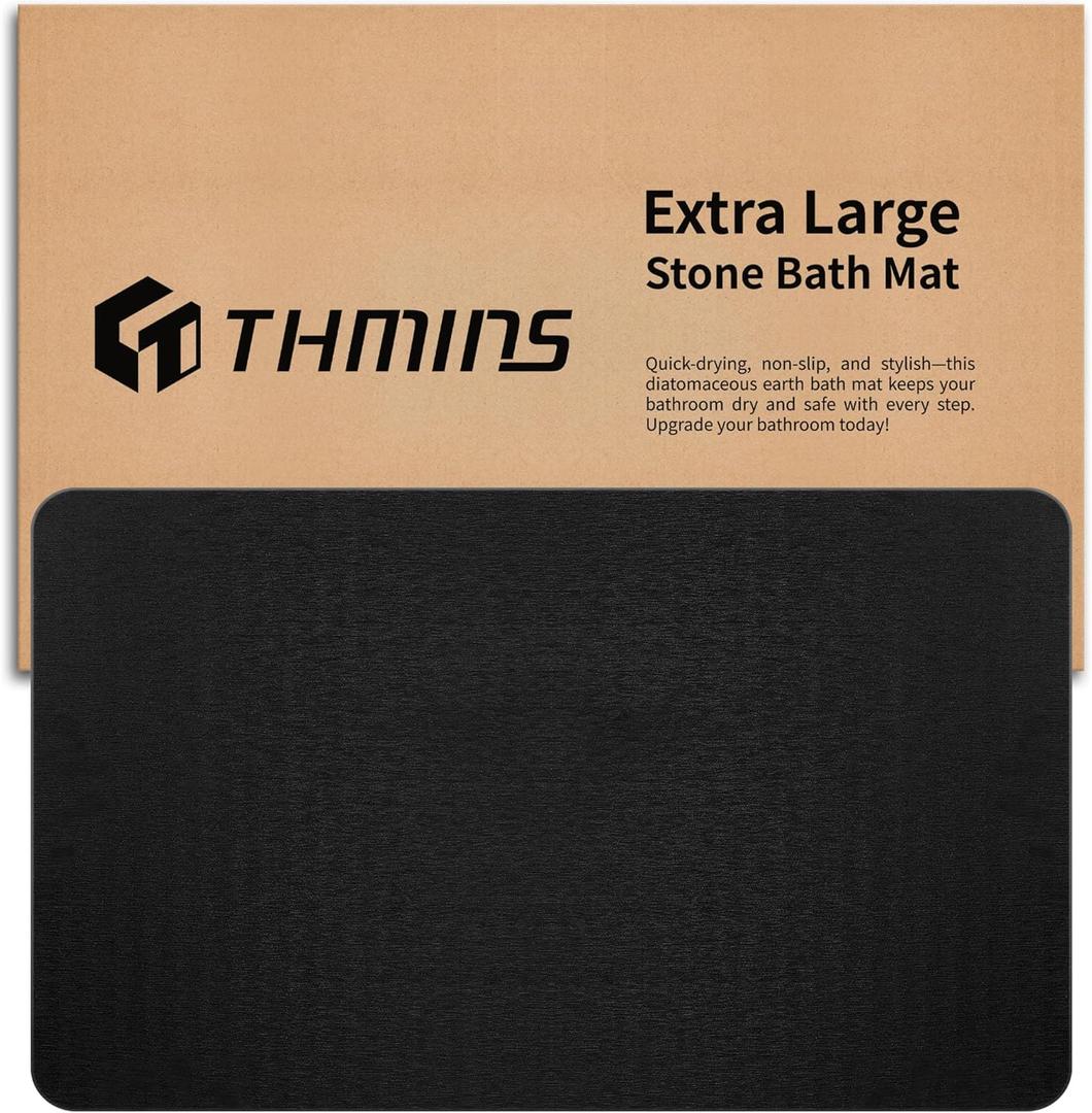 THMINS Black Stone Bath Mat, 32''x20'' Extra Large Stone Bath Mat, Super Absorbent Quick Drying for Bathroom, Easy to Clean