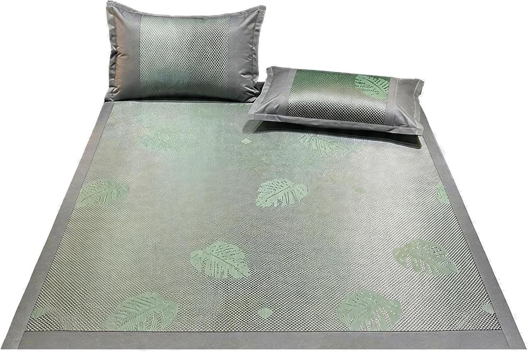 Square Cooling Bedding Mat,Ice Silk Rattan Matting, Jacquard Foldable Mixed Materials of Ice Silk & Rattan, (Green, Queen)