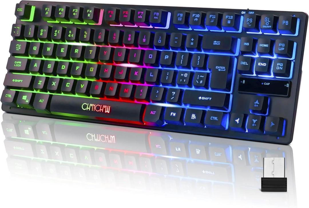 Wireless LED Keyboard, Rechargeable 87 Key RGB LED Backlit Wireless Keyboard, Ergonomic Light up Gaming Keyboard Wireless compatibility with PC PS4 PS5 Xbox One Laptop, Teclado inalmbrico, Black