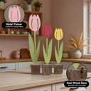 Spring Tulips Metal Flower with Real Wood Base - Rustic Farmhouse Table Centerpiece, Handmade Easter Decor for Tiered Tray, Multicolor Floral Block Alternative, Unique Housewarming Gift for Home Office Shelf
