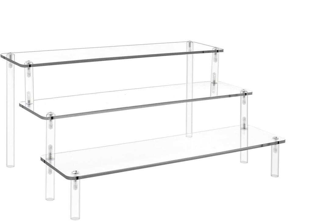 Wanateber 1PC Acrylic Display Risers, Clear Shelf 3-Tier Cupcake Display Stand for Perfumes Organizer Food Desserts Stand Dolls Display, Acrylic Display Stand for Organizer and Decoration