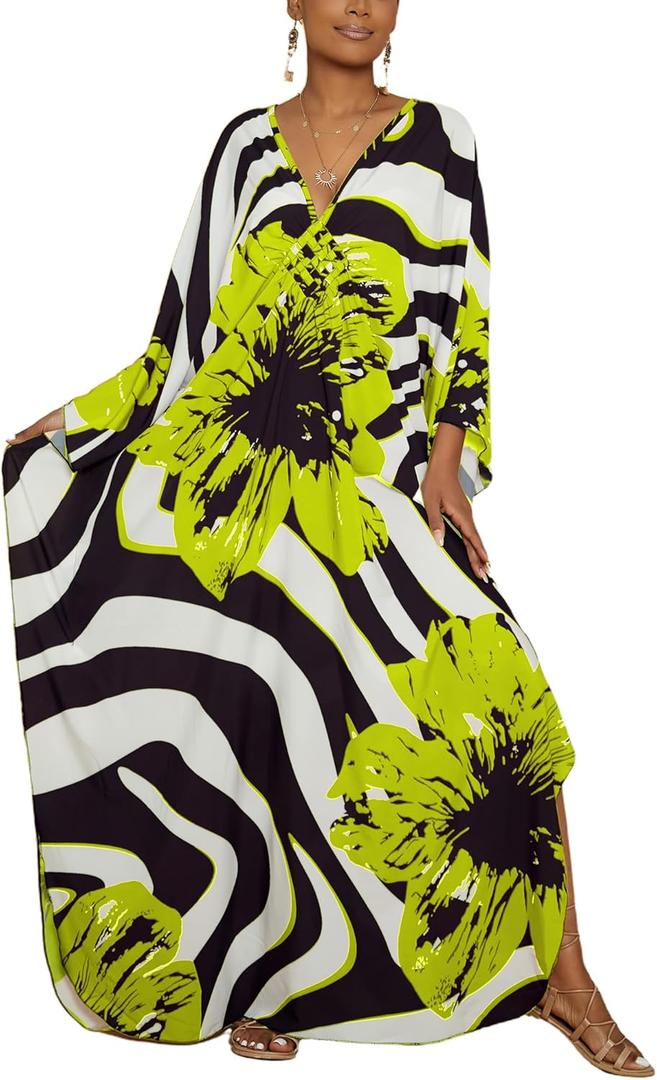 Bsubseach Women Floral Print Kaftan Dresses Plus Size Bathing Suit Cover Up Moo Moos Caftan Beach Dress for Swimwear Summer (E-lime Green Flowers)