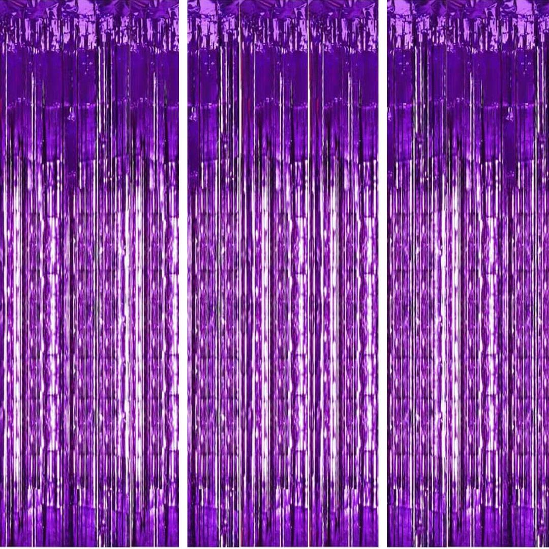Purple Streamers Foil Fringe Curtain,3 Pcs 3.3ft x 6.6ft Tinsel Photo Booth Backdrop,Purple Party Decorations for Back to School Bachelorette Graduation Wedding Birthday Princess