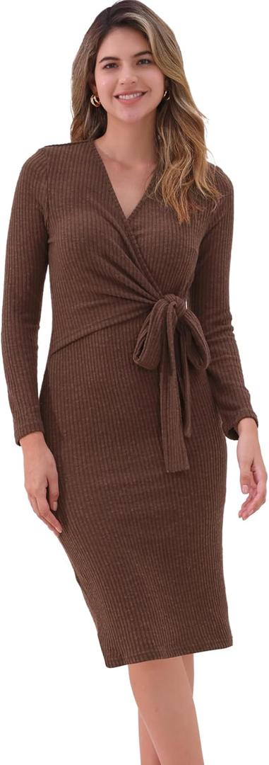 Allegra K Women's 2024 Fall Winter Long Sleeve Tie Waist Bodycon Knit Wrap Sweater Dress (Brown, XS)