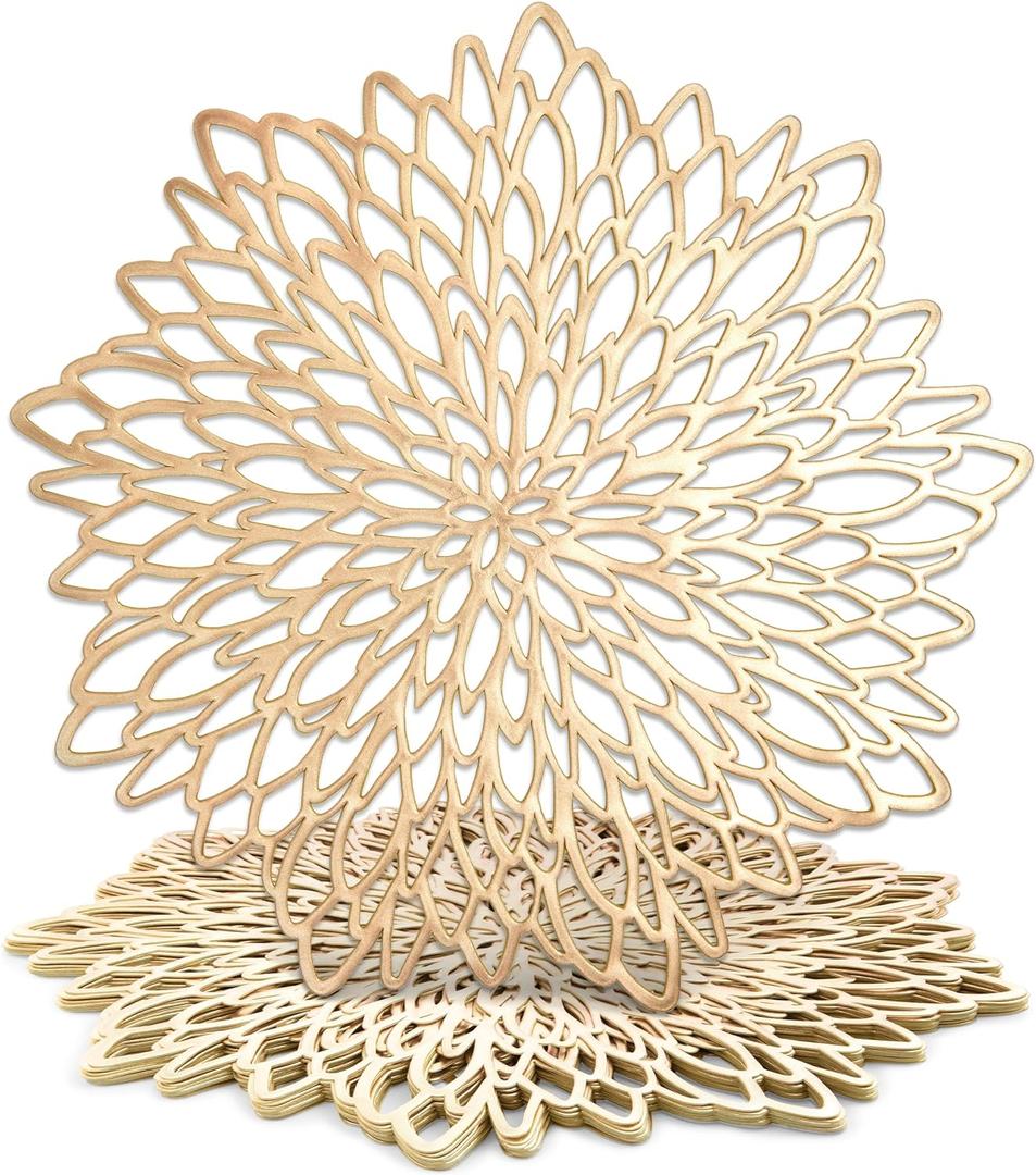 Juvale 10 Pack Gold Vinyl Placemats - 14.4" x 14.4" Round Table Mats and Plate Chargers with Leaf Design for Elegant Table Decor and Protection - Stylish Charger Plates for Events and Wedding Parties