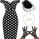 JenPen 5 Pcs Tea Party Dresses Vintage Rose Polka Dot Dress 1950s Derby Pencil Bodycon for Women Ladies Party Attire(Medium,Fresh,White Black)