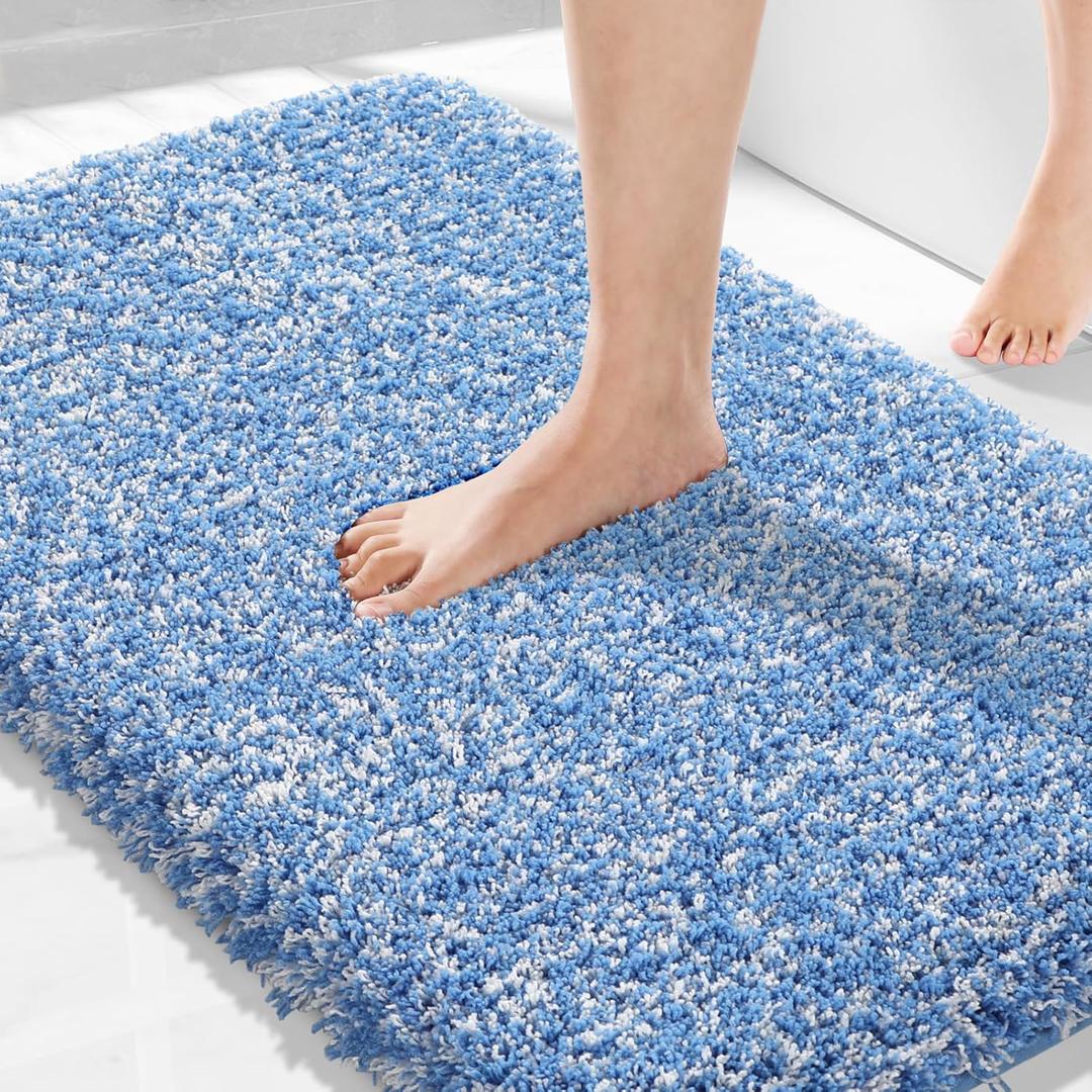 Yimobra Bathroom Rugs Non Slip Washable 36x24, Ultra Soft and Water Absorbent Bath Mats, Plush Fluffy Shower Mat Outside, Luxury Microfiber Thick Matts for Bathroom Floor/Tub, Blue and White