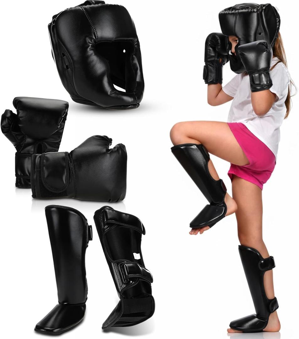 Arrowbash 5 Pcs Boxing Guards Set for Kids with Sparring Headgear, 6oz Boxing Gloves and Leg Shin Guards Wrestling Headgear for Youths Teens Boys Girls Kickboxing Karate Muay Thai BJJ Training Black