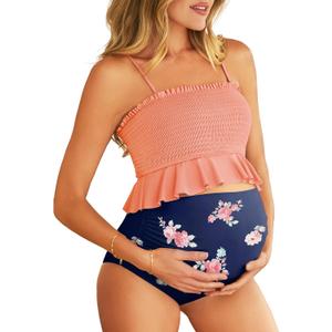 Summer Mae Maternity High Waist Swimsuit Ruffle Hem Bikini Bathing Suit Shirred Bandeau Two Piece Pregnancy Swimwear (Small, Orange Flower)