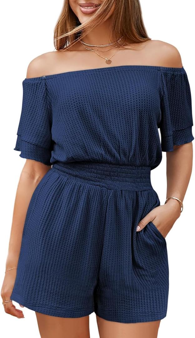 Fixmatti Womens Off The Shoulder Romper Short Sleeve Smocked Waist Mini Jumpsuit with pockets (Large, Navy Blue)