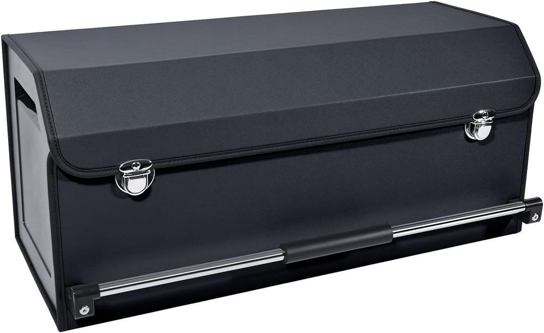 XCF Car Organizer Trunk, Durable Collapsible Leather Trunk Organizer with Lid and Sturdy Handle, Auto Cargo Storage Compartments, SUV/Car Accessories for Men/Women (11.4 x 27 x 12.2, Black)