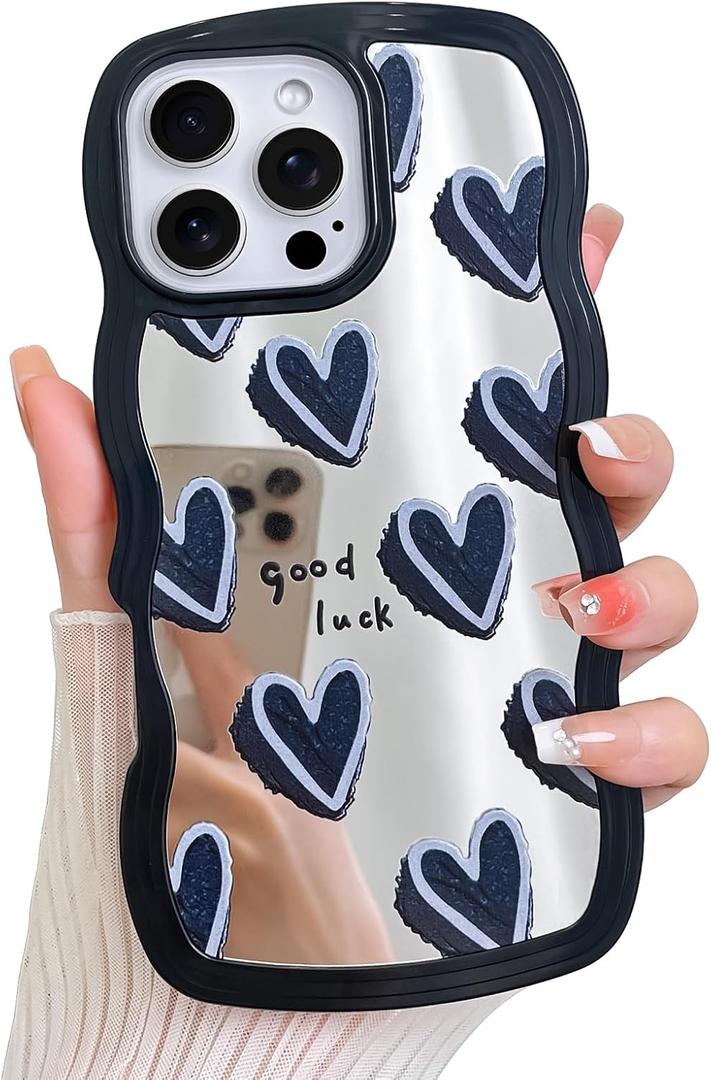 LSL Case for iPhone 16 Pro Glossy Mirror Black Hearts Pattern | Protective Cover Slim Lightweight Trendy Design for Women & Girls Curly Wave Edge