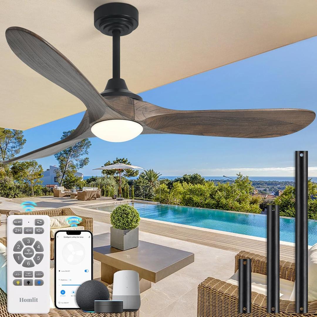 52 Outdoor Ceiling Fan with Light and Remote via WIFI Alexa, 3 Walnut Solid Wood Blade, Noiseless Reversible Dc Motor, Smart Outdoor Wood Ceiling Fan for Farmhouse Patios, Dark Brown