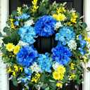26 Inch Spring Wreaths for Front Door Outside Large Artificial Summer Wreath Silk Hydrangea Wreath with Yellow Daisy and Eucalyptus Leaves Indoor Outdoor Porch Rustic Farmhouse Home Wall Wedding Decor