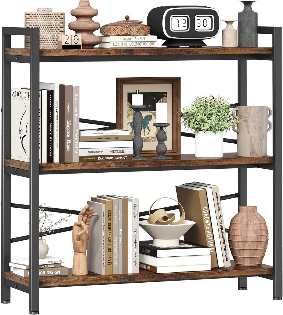 Book Shelf, 3 Tier Bookshelf 31.49" Width, Book Shelf Storage and Organization, Wooden and Metal Industrial Bookcase, Large Book Shelves for Home Living Room Bedroom Office Storage(Vintage), 3 Tier - 31.5" W